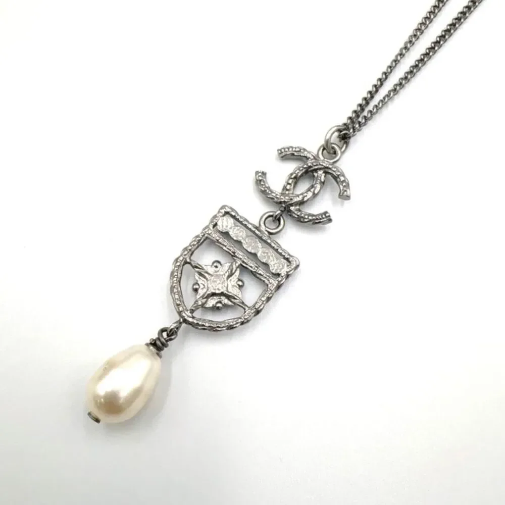 CHANEL Faux Pearl Necklace Silver Metal